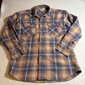 Vintage KEY Plaid Flannel Shirt Mens Large Long‎ Sleeve Button Front Blue Orange